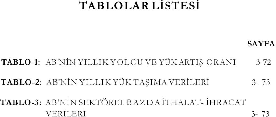 YILLIK YÜK TAŞIMA VERİLERİ 3-73 TABLO-3: