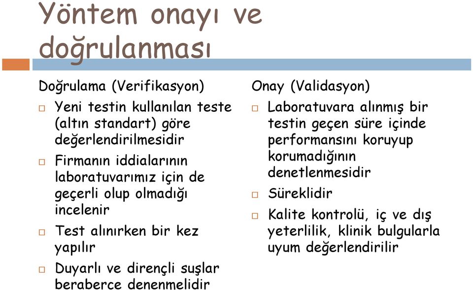 yapılır Duyarlı ve dirençli suşlar beraberce denenmelidir Onay (Validasyon) Laboratuvara alınmış bir testin geçen süre