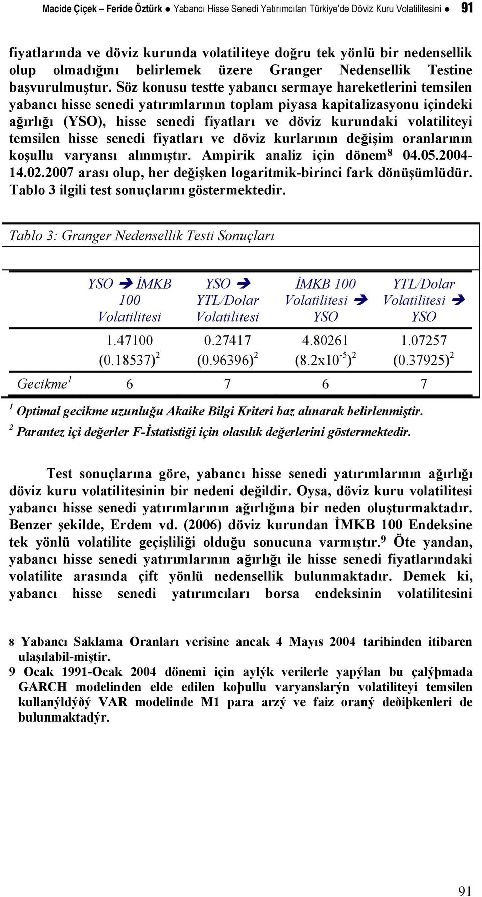 Söz konusu ese yabancı sermaye harekelerini emsilen yabancı hisse senedi yaırımlarının oplam piyasa kapializasyonu içindeki ağırlığı (YSO), hisse senedi fiyaları ve döviz kurundaki volailieyi emsilen