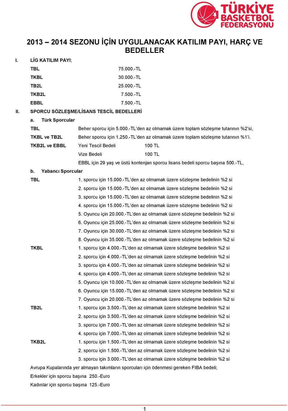 Yabancı Sporcular Vize Bedeli 100 TL için 29 yaş ve üstü kontenjan sporcu lisans bedeli sporcu başına 5, 1. sporcu için 15.0 den az olmamak üzere sözleşme bedelinin %2 si 2. sporcu için 15.0 den az olmamak üzere sözleşme bedelinin %2 si 3.