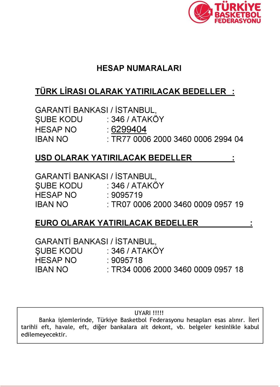 OLARAK YATIRILACAK BEDELLER : GARANTİ BANKASI / İSTANBUL, ŞUBE KODU : 346 / ATAKÖY HESAP NO : 9095718 IBAN NO : TR34 0006 2000 3460 0009 0957 18 UYARI!