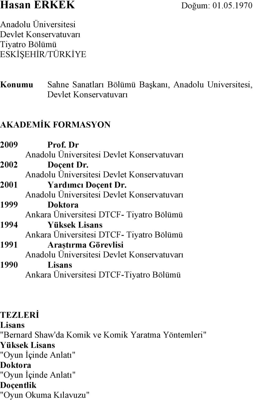 Dr Anadolu Üniversitesi Devlet Konservatuvarı 2002 Doçent Dr. Anadolu Üniversitesi Devlet Konservatuvarı 2001 Yardımcı Doçent Dr.