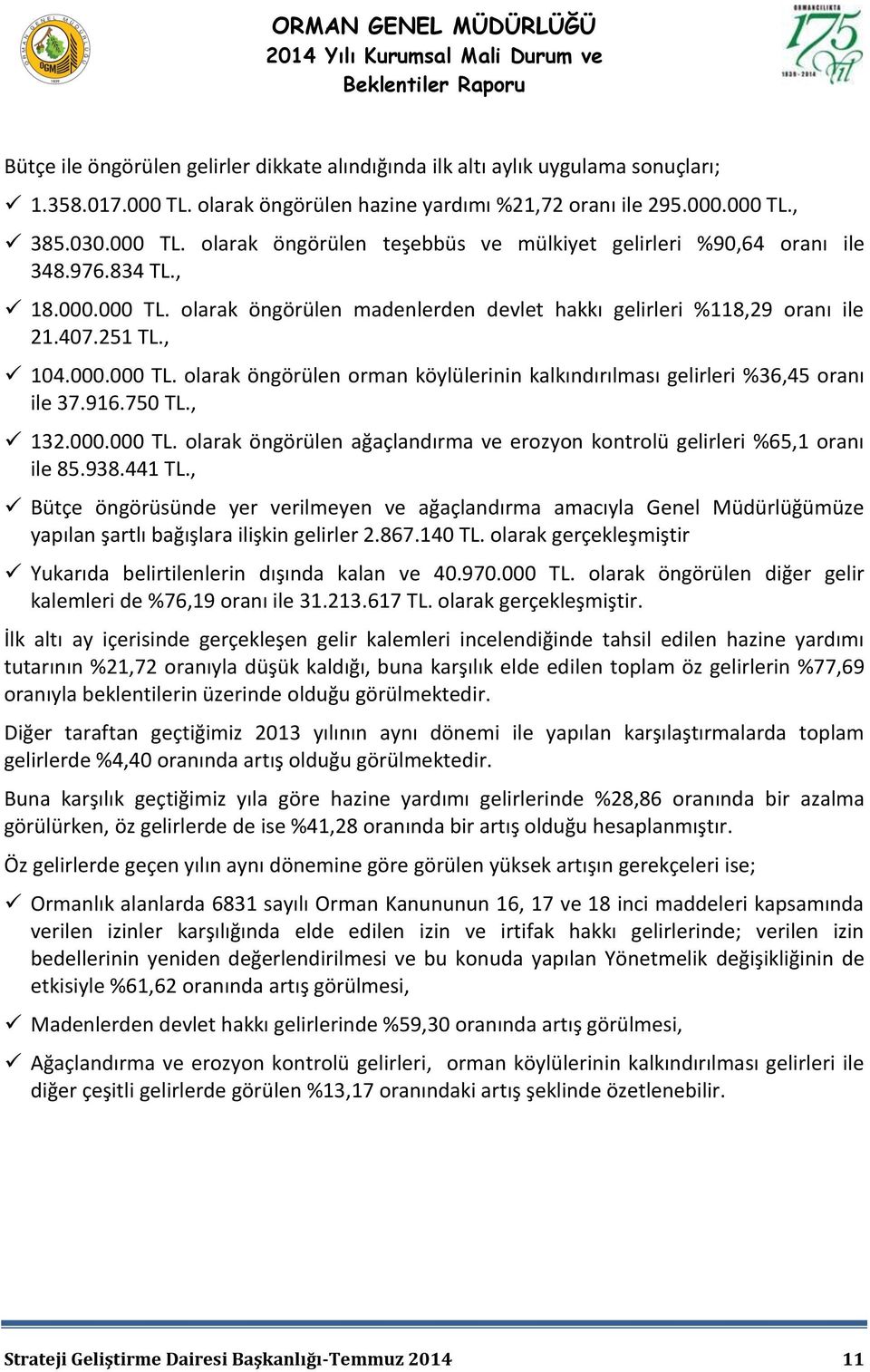 916.750 TL., 132.000.000 TL. olarak öngörülen ağaçlandırma ve erozyon kontrolü gelirleri %65,1 oranı ile 85.938.441 TL.