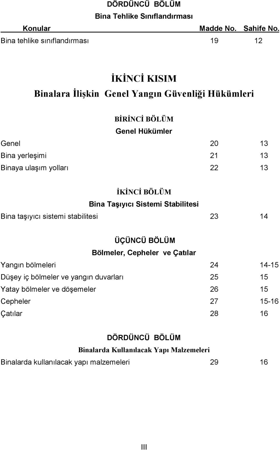 13 Binaya ulaşım yolları 22 13 İKİNCİ BÖLÜM Bina Taşıyıcı Sistemi Stabilitesi Bina taşıyıcı sistemi stabilitesi 23 14 ÜÇÜNCÜ BÖLÜM Bölmeler, Cepheler ve