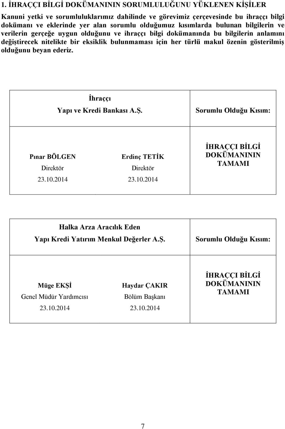 gösterilmiş olduğunu beyan ederiz. İhraççı Yapı ve Kredi Bankası A.Ş. Sorumlu Olduğu Kısım: Pınar BÖLGEN Direktör 23.10.