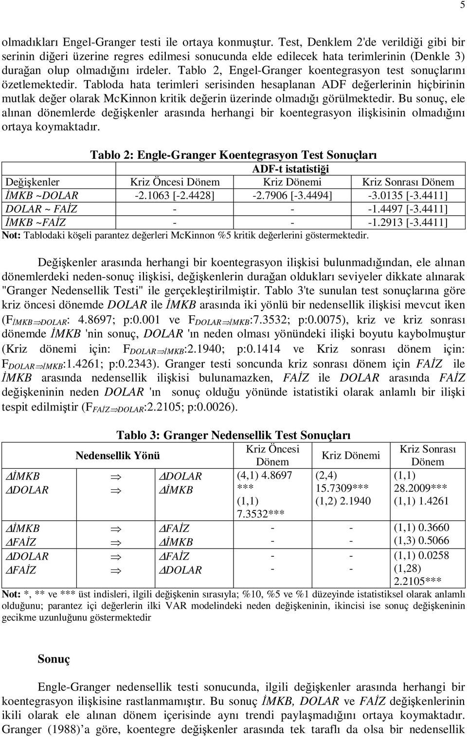 Tablo 2, EngelGranger koentegrasyon test sonuçlarını özetlemektedir.