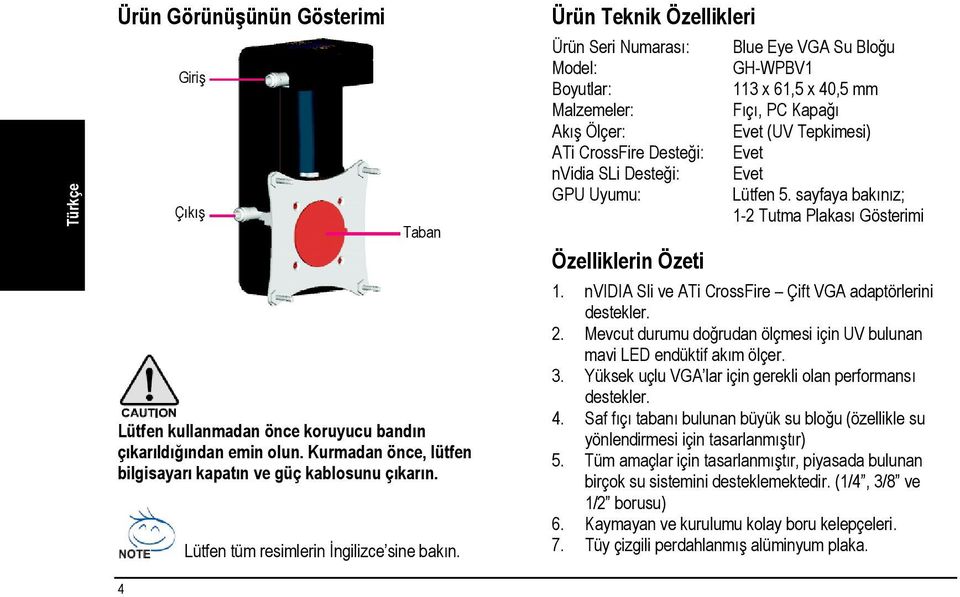 Ürün Teknik Özellikleri Ürün Seri Numarası: Model: Boyutlar: Malzemeler: Akış Ölçer: ATi CrossFire Desteği: nvidia SLi Desteği: GPU Uyumu: Özelliklerin Özeti Blue Eye VGA Su Bloğu GH-WPBV1 113 x 61,5