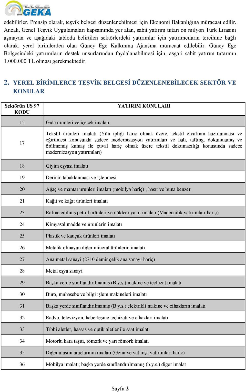 olarak, yerel birimlerden olan Güney Ege Kalkınma Ajansına müracaat edilebilir. Güney Ege Bölgesindeki yatırımların destek unsurlarından faydalanabilmesi için, asgari sabit yatırım tutarının 1.000.