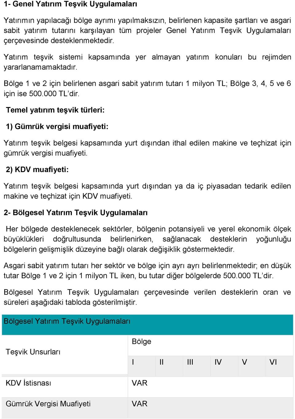 Bölge 1 ve 2 için belirlenen asgari sabit yatırım tutarı 1 milyon TL; Bölge 3, 4, 5 ve 6 için ise 500.000 TL dir.