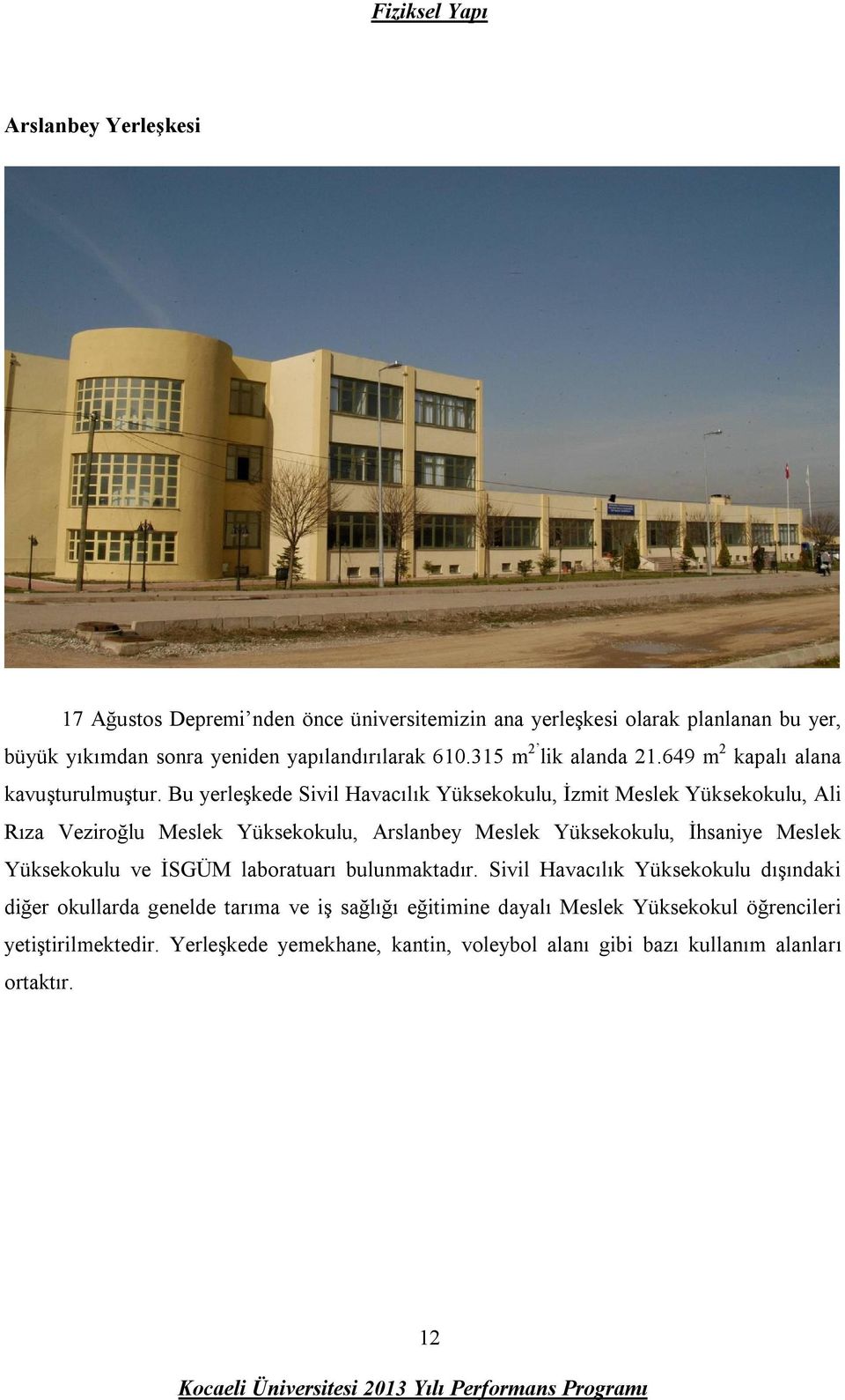 Bu yerleşkede Sivil Havacılık Yüksekokulu, İzmit Meslek Yüksekokulu, Ali Rıza Veziroğlu Meslek Yüksekokulu, Arslanbey Meslek Yüksekokulu, İhsaniye Meslek Yüksekokulu
