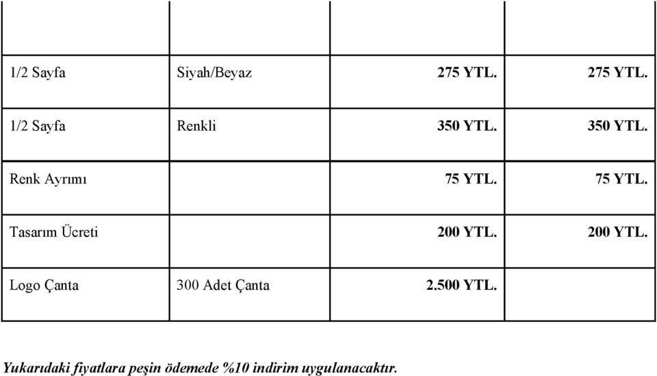 200 YTL. Logo Çanta 300 Adet Çanta 2.500 YTL.