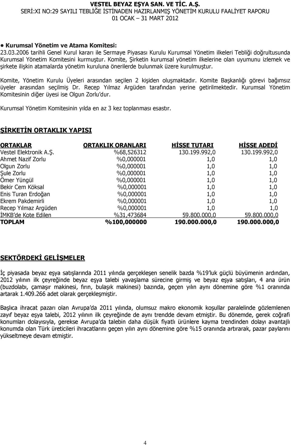 Komite, Yönetim Kurulu Üyeleri arasından seçilen 2 kiģiden oluģmaktadır. Komite BaĢkanlığı görevi bağımsız üyeler arasından seçilmiģ Dr. Recep Yılmaz Argüden tarafından yerine getirilmektedir.