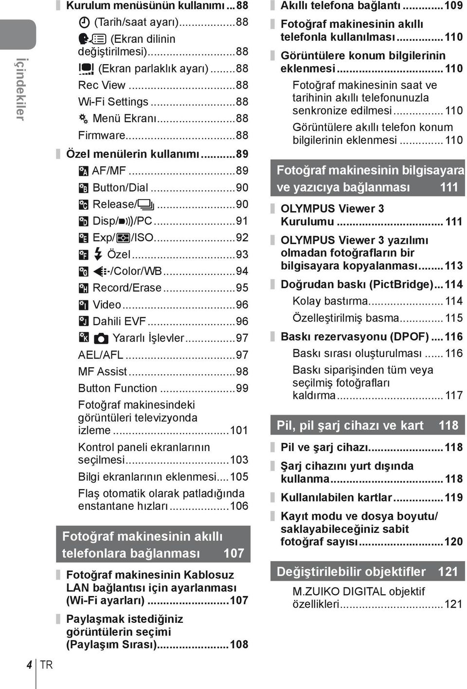 ..96 b Dahili EVF...96 k K Yararlı İşlevler...97 AEL/AFL...97 MF Assist...98 Button Function...99 Fotoğraf makinesindeki görüntüleri televizyonda izleme...101 Kontrol paneli ekranlarının seçilmesi.