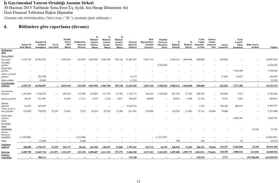 Merkez Binası İş Bankası Ankara Kızılay Binası İş Bankası Antalya Merkez Binası Kanyon Alışveriş Merkezi Real Hipermarket İstanbul Esenyurt Kira geliri 4.478.747 18.092.952 -- 2.076.554 251.839 1.863.