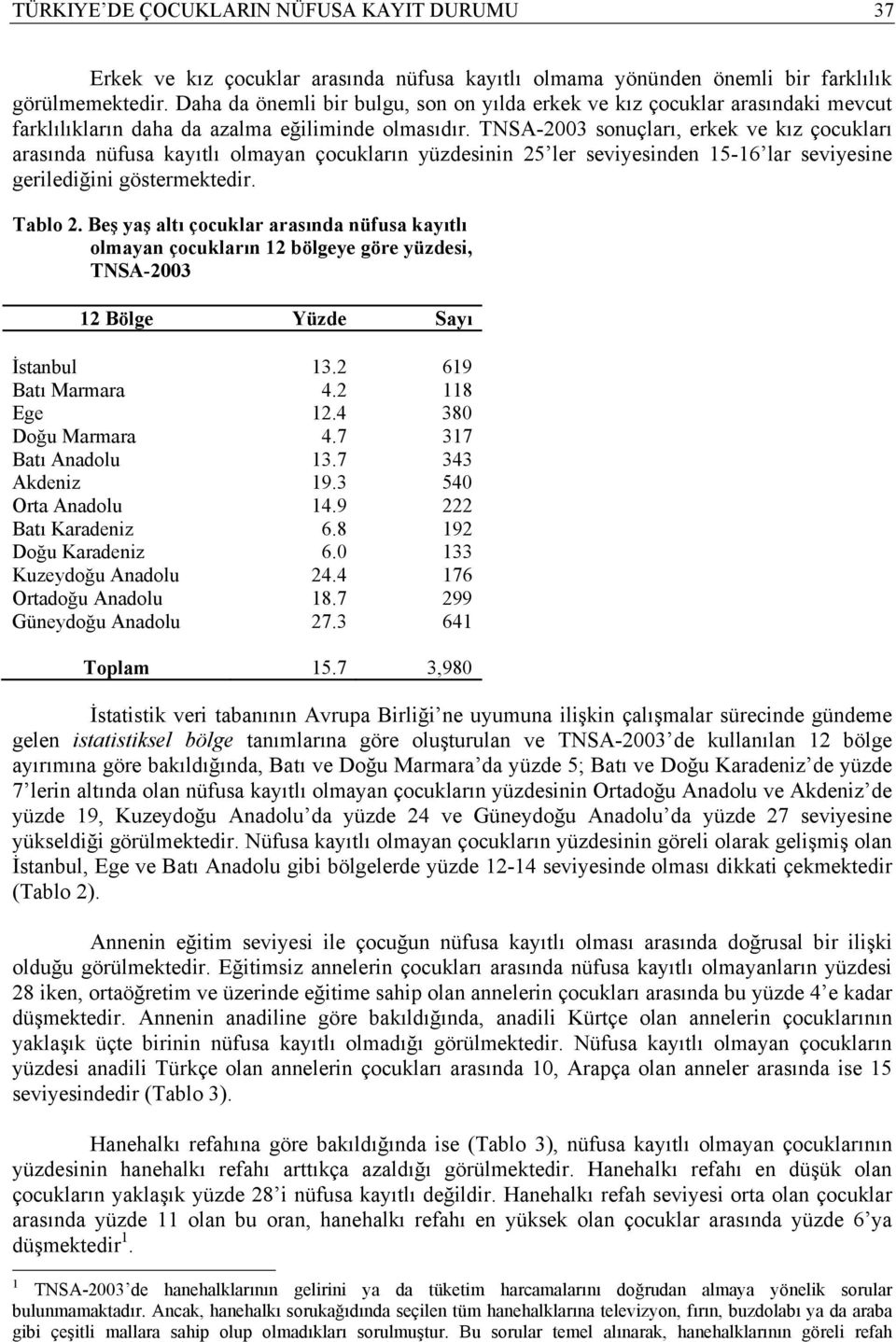 TNSA-2003 sonuçları, erkek ve kız çocukları arasında nüfusa kayıtlı olmayan çocukların yüzdesinin 25 ler seviyesinden 15-16 lar seviyesine gerilediğini göstermektedir. Tablo 2.