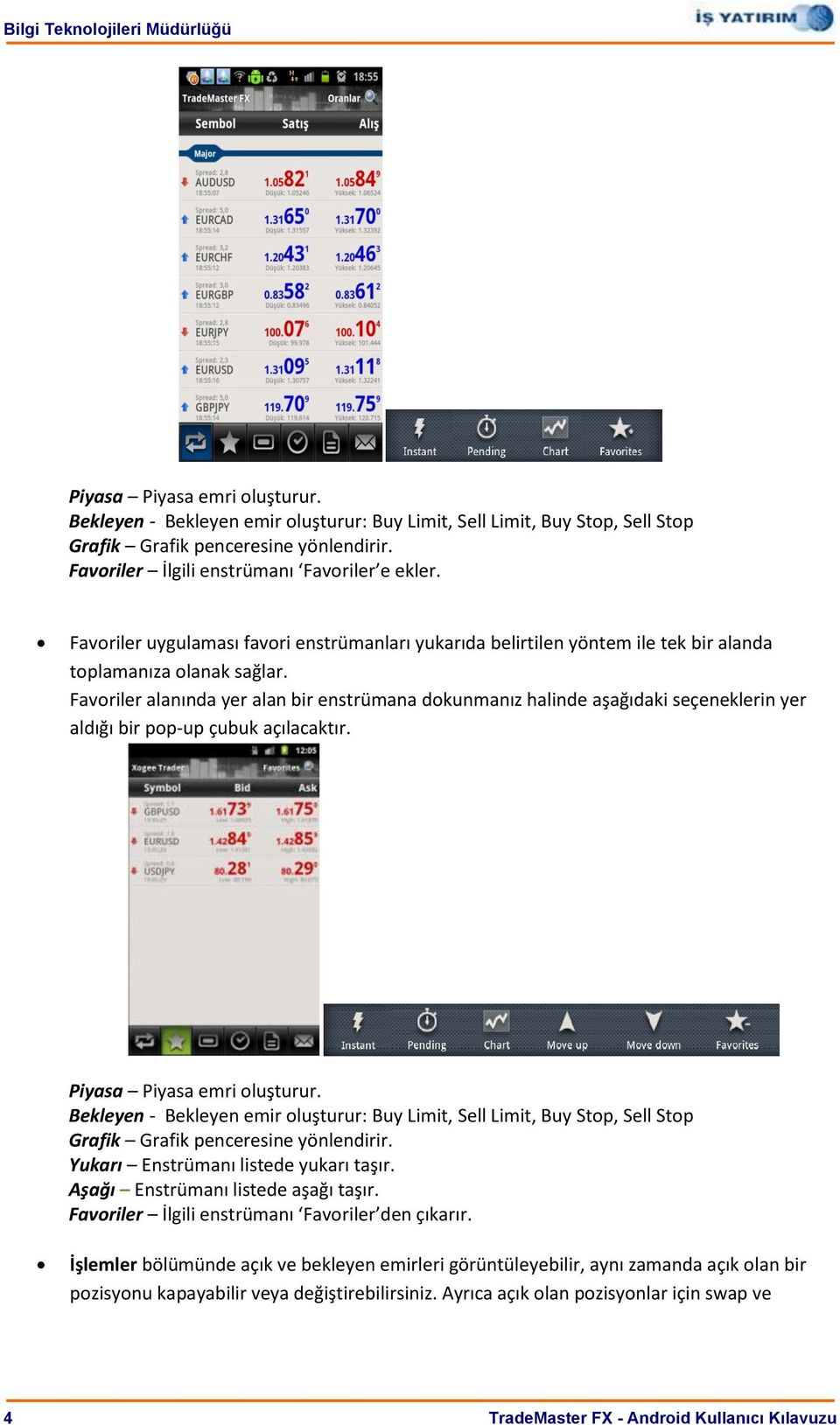 Favoriler alanında yer alan bir enstrümana dokunmanız halinde aşağıdaki seçeneklerin yer aldığı bir pop-up çubuk açılacaktır. Piyasa Piyasa emri oluşturur.