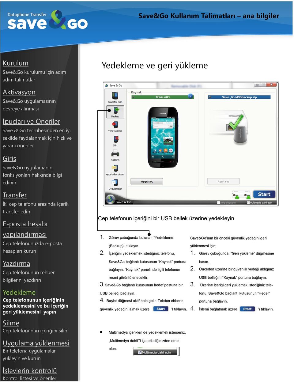 Kaynak panelinde ilgili telefonun resmi görüntülenecektir. 3.Save&Go bağlantı kutusunun hedef postuna bir USB belleği bağlayın. 4. Başlat düğmesi aktif hale gelir.