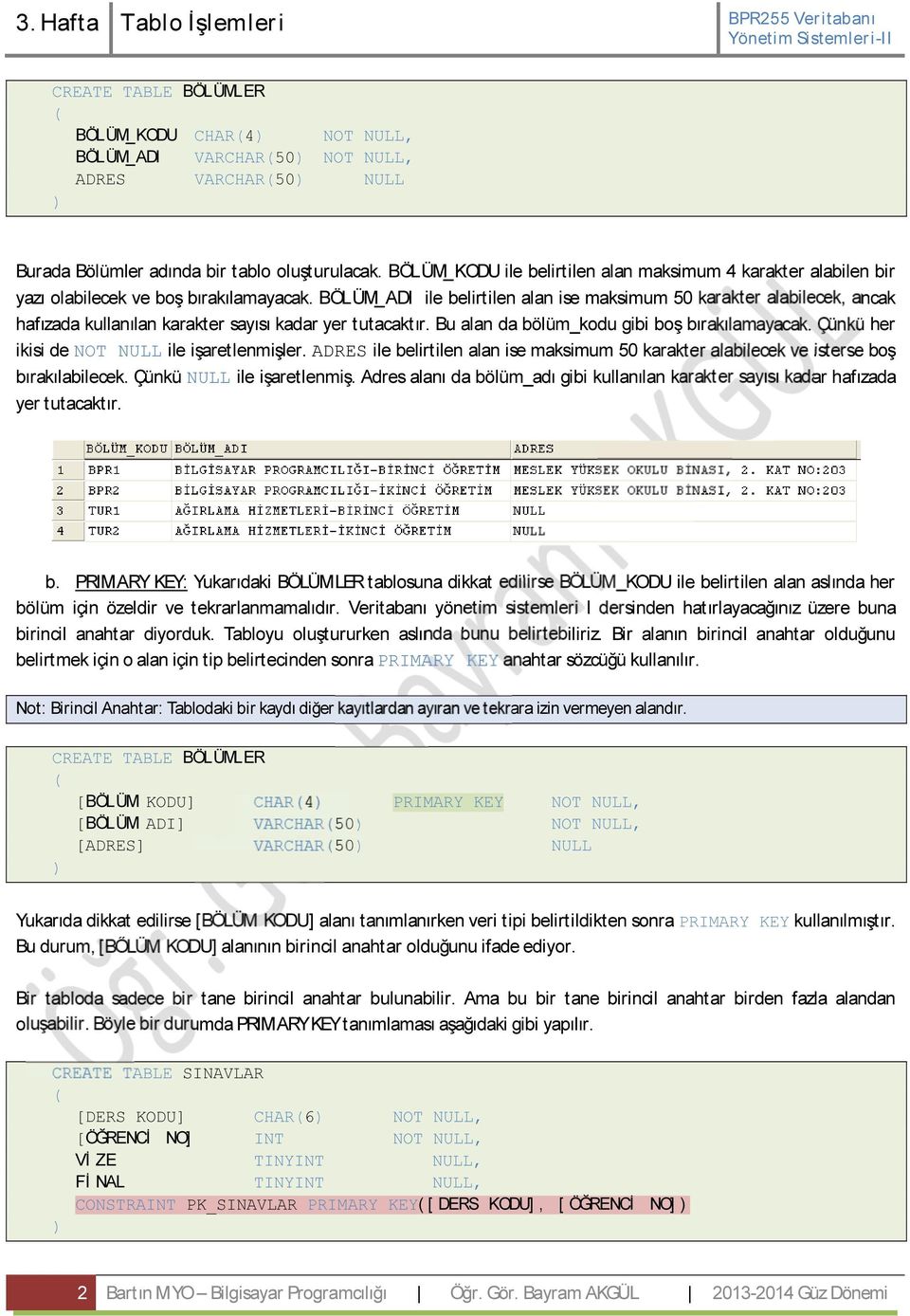 BÖLÜM_ADI le bel rt len alan se maks mum 50 ka ancak hafızada kullanılan karakter sayısı kadar yer tutacaktır. Bu alan da bölüm_kodu g b boş bır ü her k s de NOT NULL le şaretlenm şler.