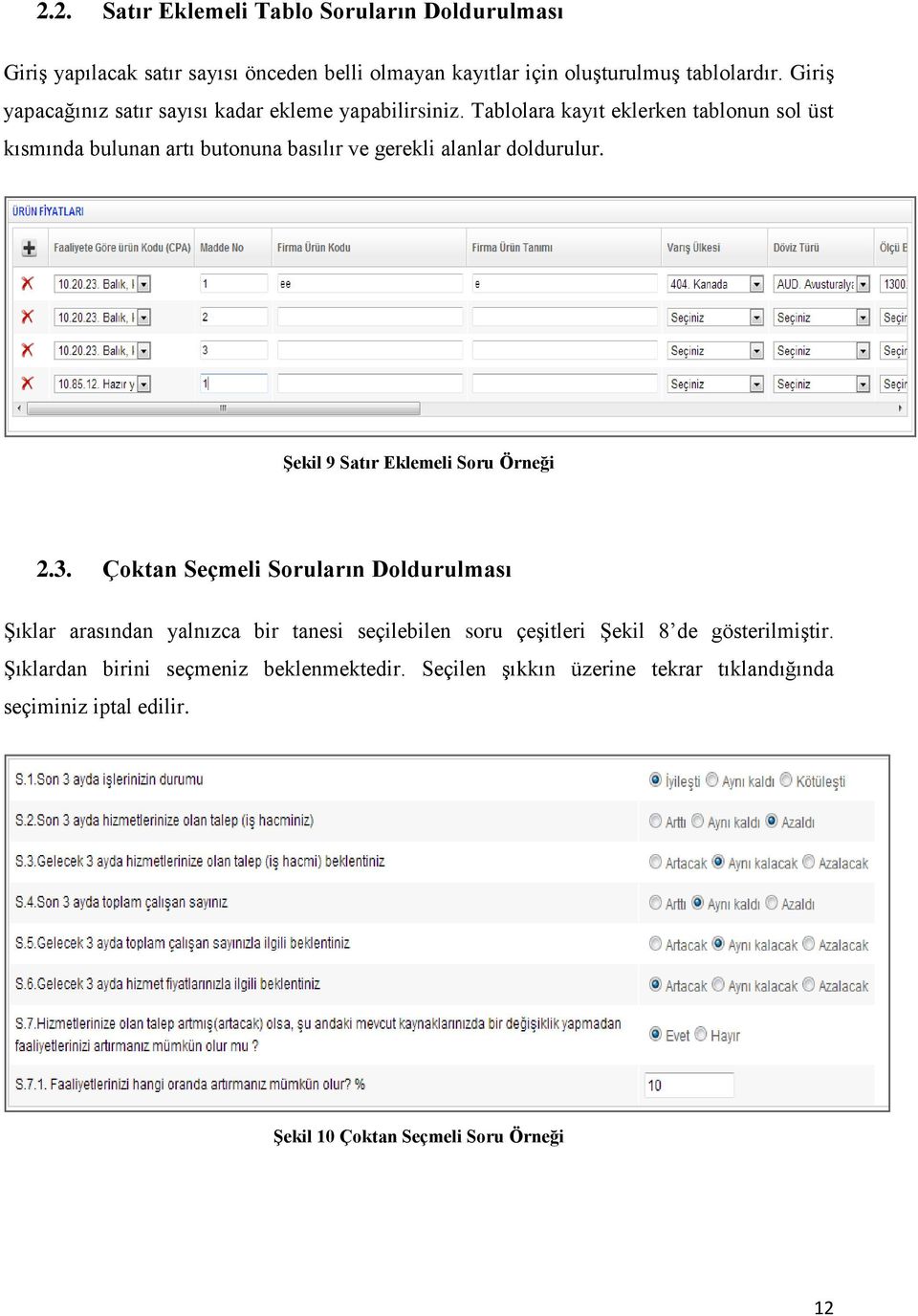 Tablolara kayıt eklerken tablonun sol üst kısmında bulunan artı butonuna basılır ve gerekli alanlar doldurulur. Şekil 9 Satır Eklemeli Soru Örneği 2.3.