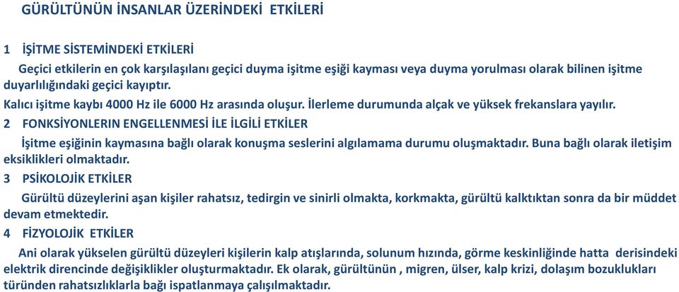 2 FONKSİYONLERIN ENGELLENMESİ İLE İLGİLİ ETKİLER İşitme eşiğinin kaymasına bağlı olarak konuşma seslerini algılamama durumu oluşmaktadır. Buna bağlı olarak iletişim eksiklikleri olmaktadır.