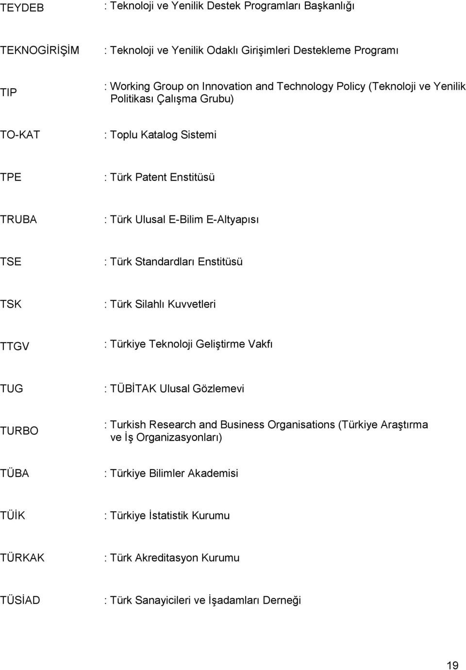 Standardları Enstitüsü TSK : Türk Silahlı Kuvvetleri TTGV : Türkiye Teknoloji Geliştirme Vakfı TUG : TÜBİTAK Ulusal Gözlemevi TURBO : Turkish Research and Business Organisations