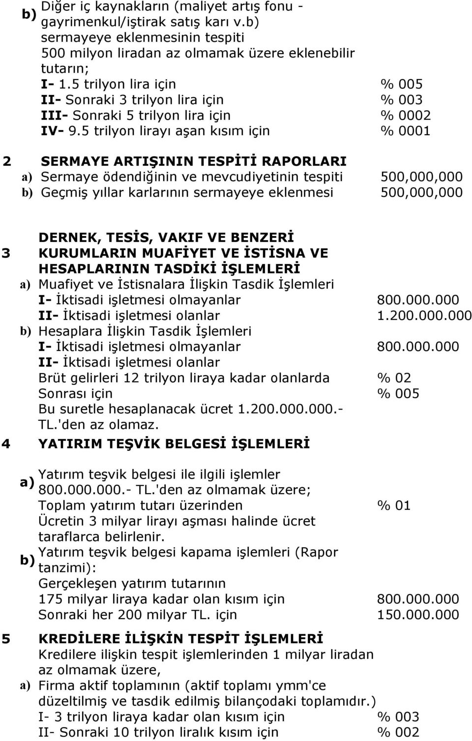 5 trilyon lirayı aşan kısım için % 0001 2 SERMAYE ARTIŞININ TESPİTİ RAPORLARI a) Sermaye ödendiğinin ve mevcudiyetinin tespiti 500,000,000 b) Geçmiş yıllar karlarının sermayeye eklenmesi 500,000,000