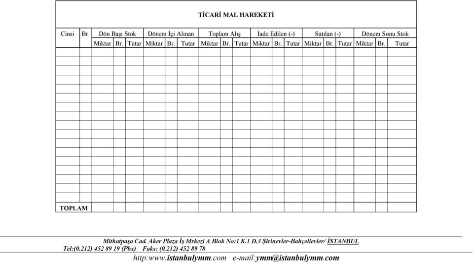 (-) Dönem Sonu Stok Miktar Tutar Miktar Tutar