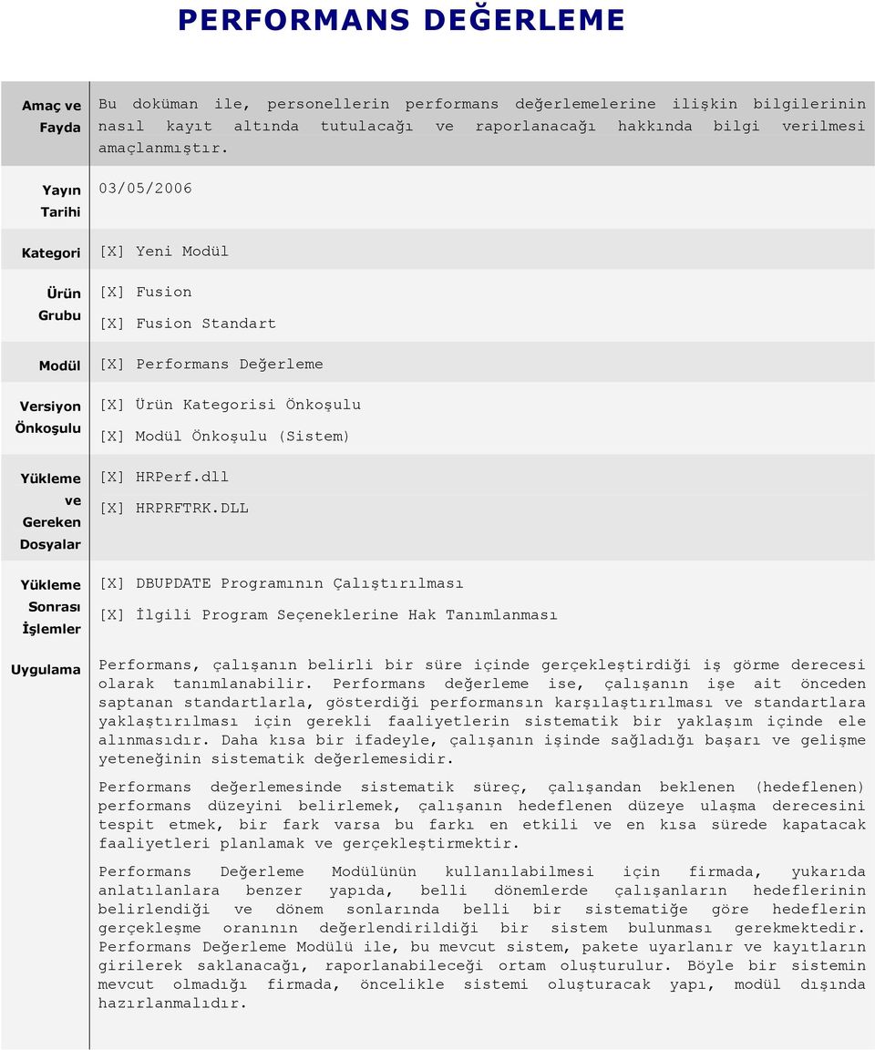 03/05/2006 [X] Yeni Modül [X] Fusion [X] Fusion Standart [X] Performans Değerleme [X] Ürün Kategorisi Önkoşulu [X] Modül Önkoşulu (Sistem) [X] HRPerf.dll [X] HRPRFTRK.