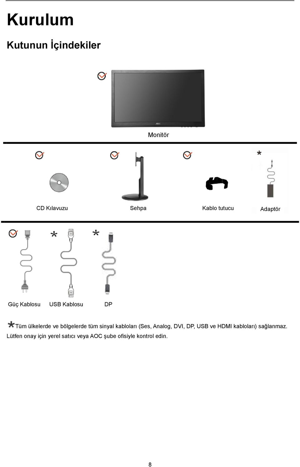 sinyal kabloları (Ses, Analog, DVI, DP, USB ve HDMI kabloları)