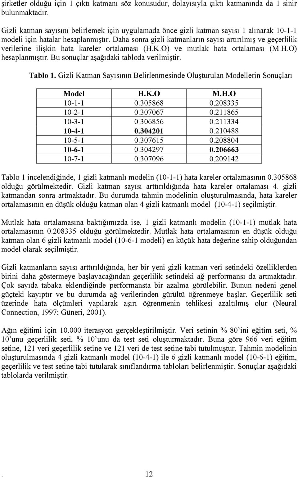 Daha sonra gizli kamanların sayısı arırılmış ve geçerlilik verilerine ilişkin haa kareler oralaması (H.K.O) ve mulak haa oralaması (M.H.O) hesaplanmışır. Bu sonuçlar aşağıdaki abloda verilmişir.