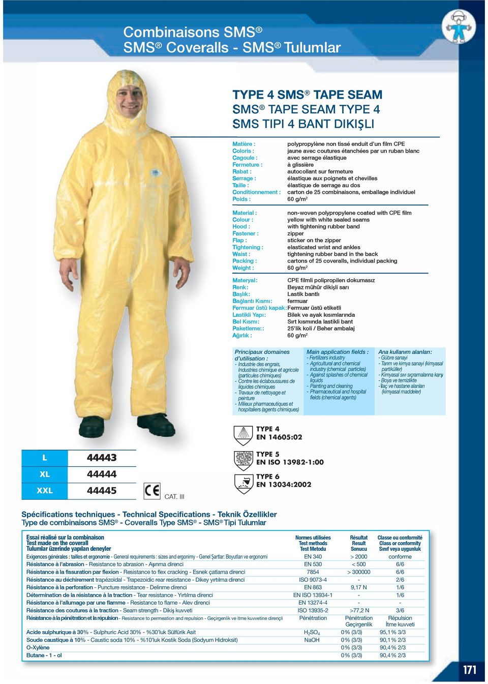 serrage au dos Conditionnement : carton de 25 combinaisons, emballage individuel Poids : 60 g/m 2 non-woven polypropylene coated with CPE film yellow with sealed seams Hood : with tightening rubber