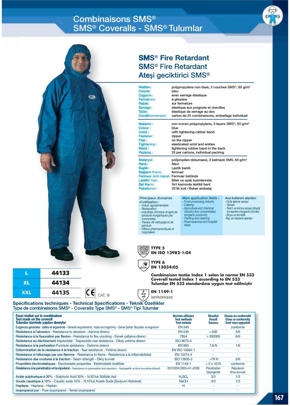 Hood : Fastener : Flap : Tightening : Waist : non woven polypropylene, 3 layers SMS, 65 g/m² blue with tightening rubber band zipper on the zipper elasticated wrist and ankles tightening rubber band
