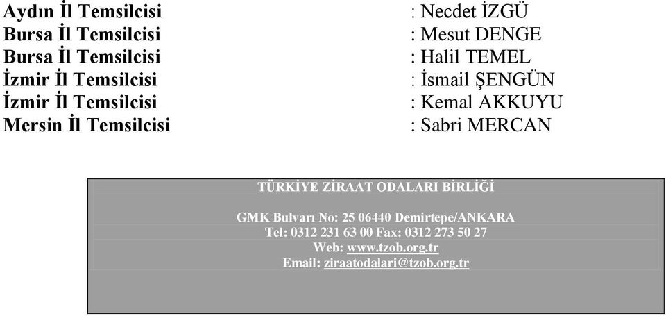 Kemal AKKUYU : Sabri MERCAN TÜRKİYE ZİRAAT ODALARI BİRLİĞİ GMK Bulvarı No: 25 06440