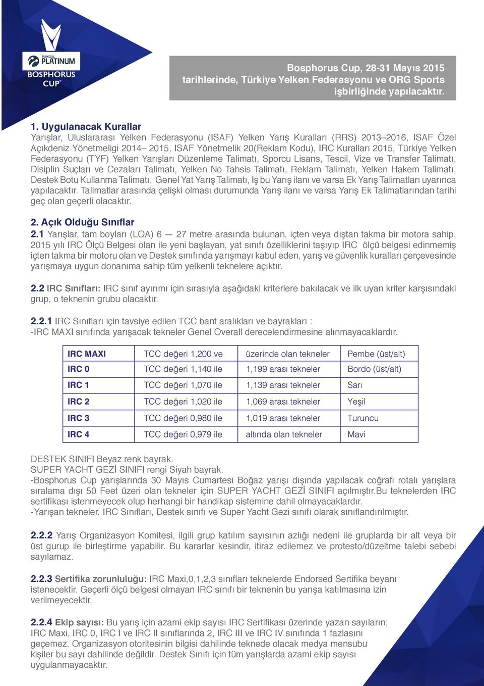 2015, Türkiye Yelken Federasyonu (TYF) Yelken Yarışları Düzenleme Talimatı, Sporcu Lisans, Tescil, Vize ve Transfer Talimatı, Disiplin Suçları ve Cezaları Talimatı, Yelken No Tahsis Talimatı, Reklam