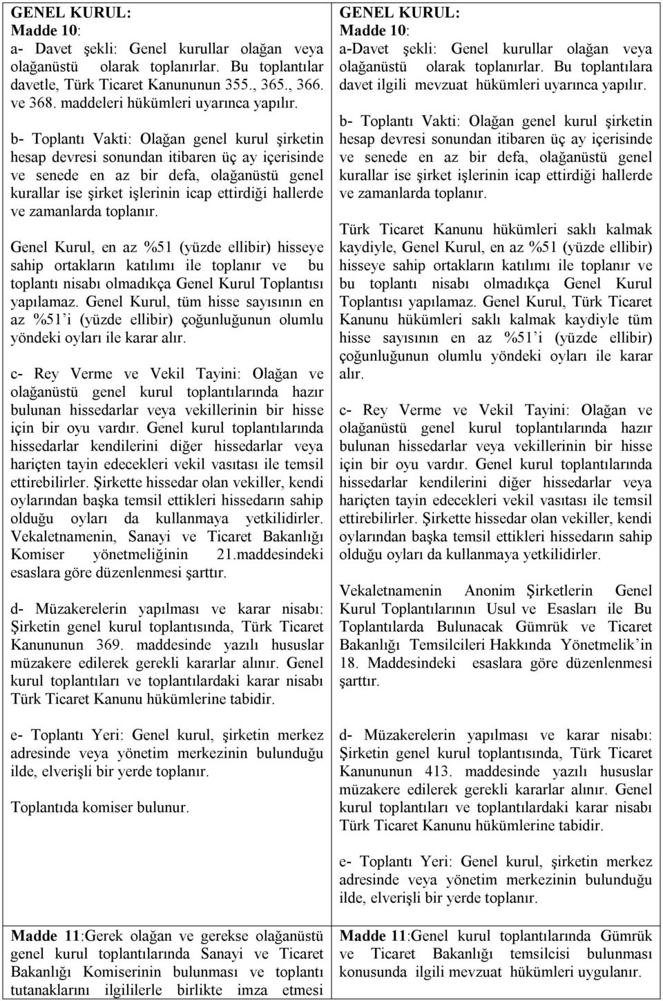 b- Toplantı Vakti: Olağan genel kurul şirketin hesap devresi sonundan itibaren üç ay içerisinde ve senede en az bir defa, olağanüstü genel kurallar ise şirket işlerinin icap ettirdiği hallerde ve