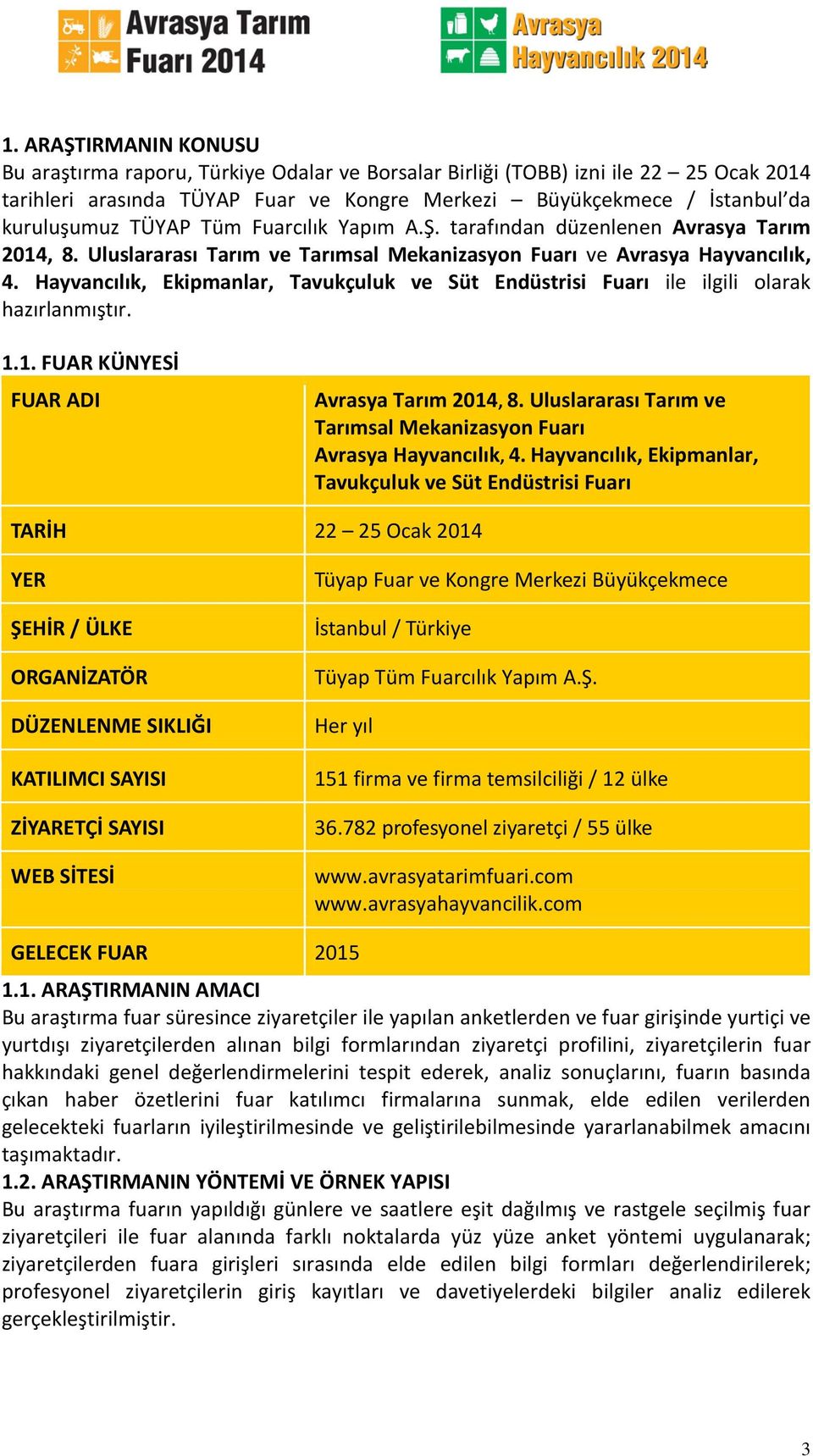 Hayvancılık, Ekipmanlar, Tavukçuluk ve Süt Endüstrisi Fuarı ile ilgili olarak hazırlanmıştır. 1.1. FUAR KÜNYESİ FUAR ADI Avrasya Tarım 2014, 8.