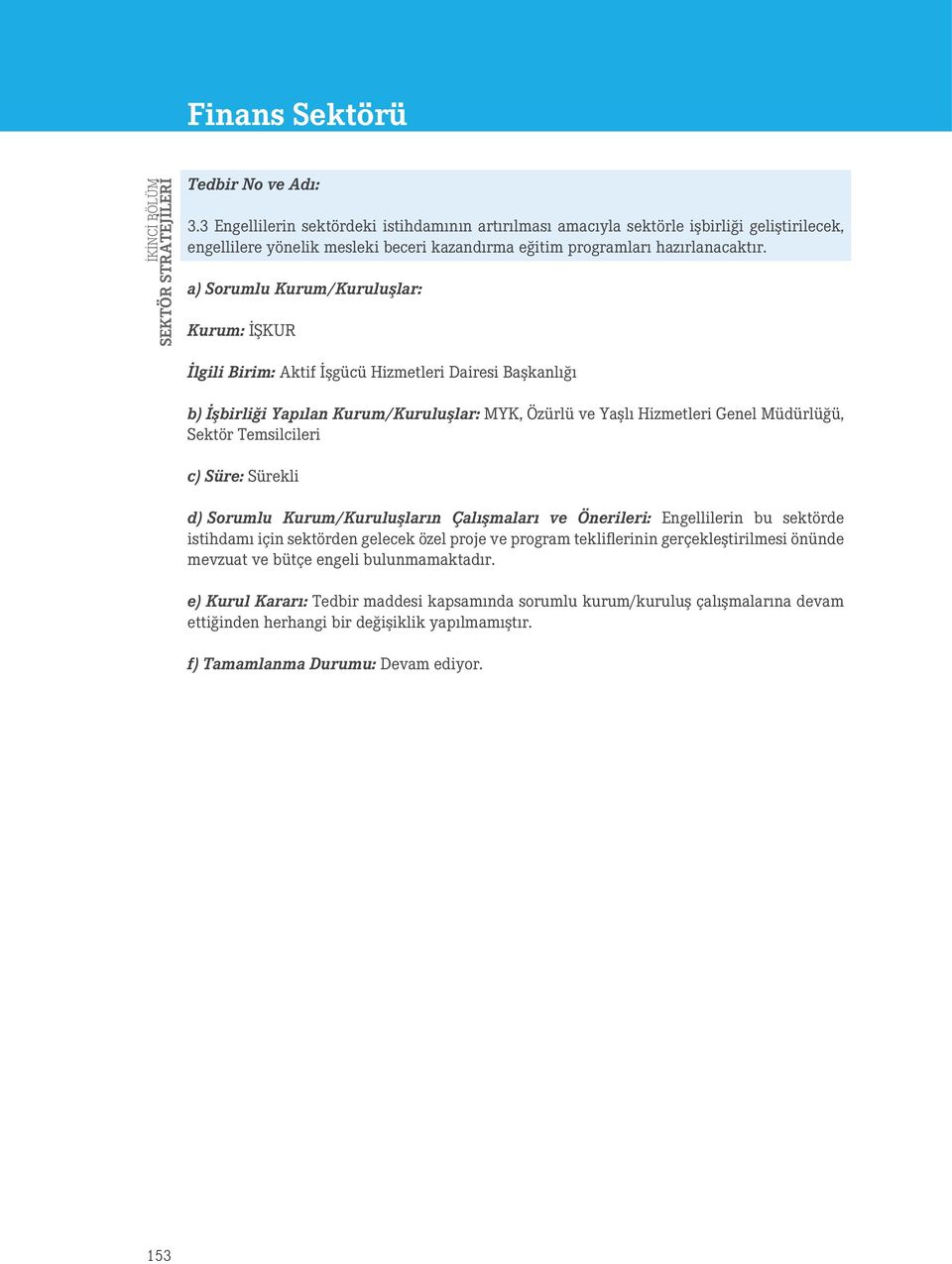 Kurum: İŞKUR İlgili Birim: Aktif İşgücü Hizmetleri Dairesi Başkanlığı b) İşbirliği Yapılan Kurum/Kuruluşlar: MYK, Özürlü ve Yaşlı Hizmetleri Genel Müdürlüğü, Sektör Temsilcileri c) Süre: