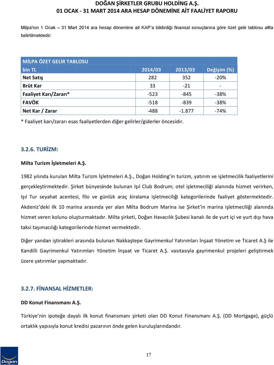 01 OCAK 31 MART 2014 ARAA HESAP DÖNEMİNE AİT FAALİYET RAPORU Milpa'nın 1 Ocak 31 Mart 2014 ara hesap dönemine ait KAP a bildirdiği finansal sonuçlarınaa göre özet gelir tablosu altta