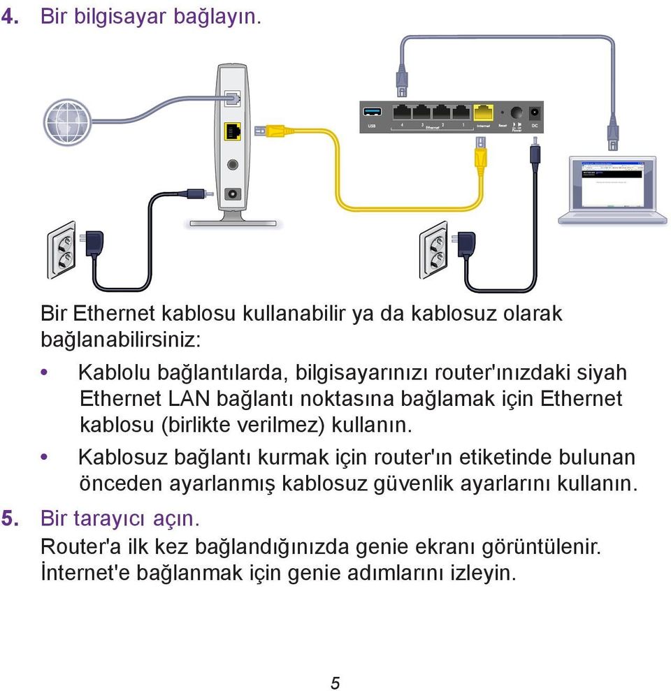 router'ınızdaki siyah Ethernet LAN bağlantı noktasına bağlamak için Ethernet kablosu (birlikte verilmez) kullanın.