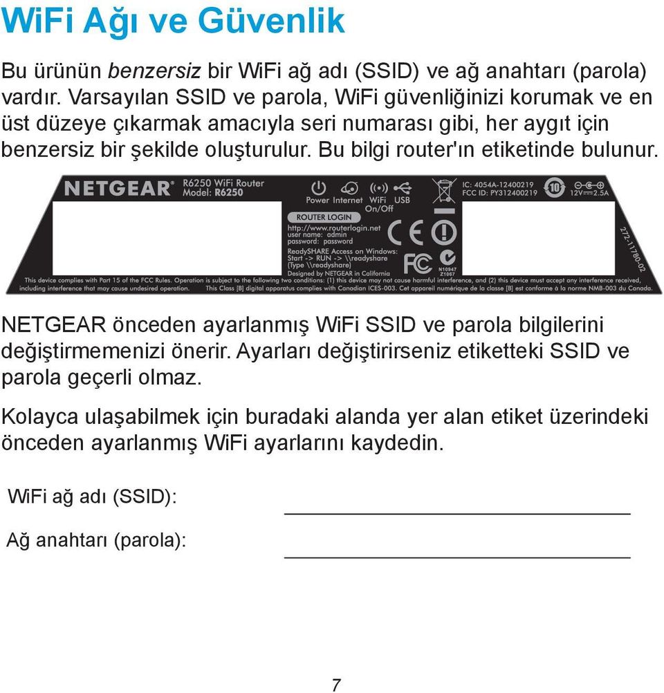 oluşturulur. Bu bilgi router'ın etiketinde bulunur. NETGEAR önceden ayarlanmış WiFi SSID ve parola bilgilerini değiştirmemenizi önerir.