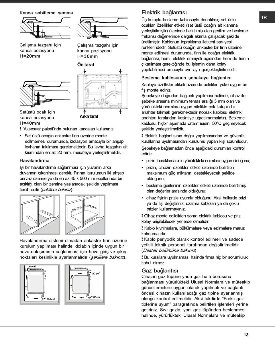 Bu levha tezgahýn alt kýsmýndan en az 20 mm. mesafeye yerleþtirilmelidir. Havalandýrma Ýyi bir havalandýrma saðlanmasý için yuvanýn arka duvarýnýn çýkarýlmasý gerekir.