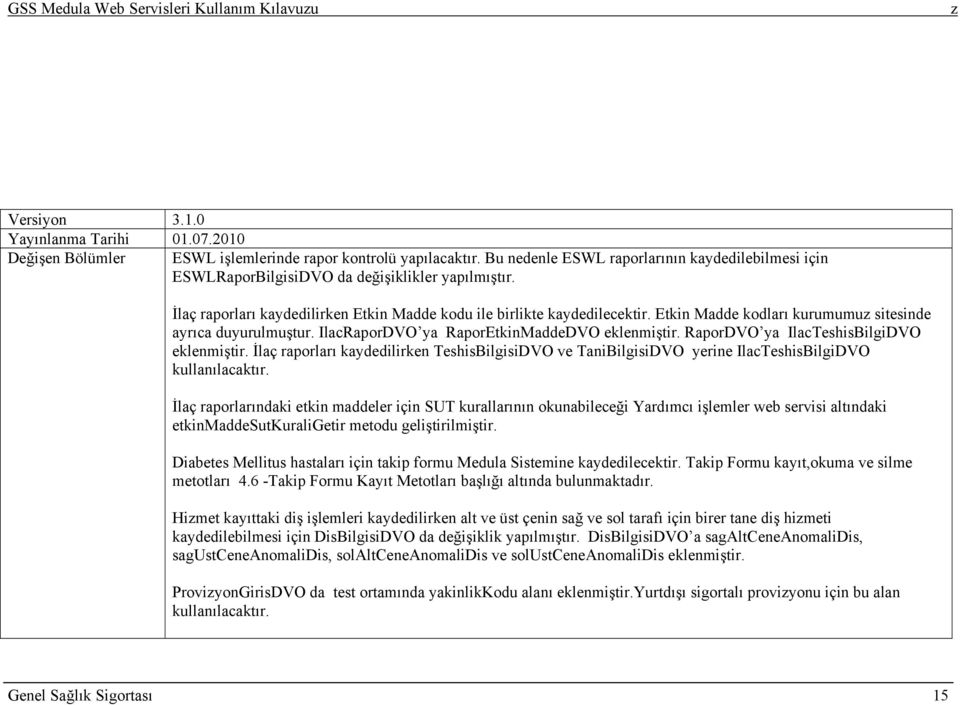 Etkin Madde kodları kurumumu sitesinde ayrıca duyurulmuştur. IlacRaporDVO ya RaporEtkinMaddeDVO eklenmiştir. RaporDVO ya IlacTeshisBilgiDVO eklenmiştir.