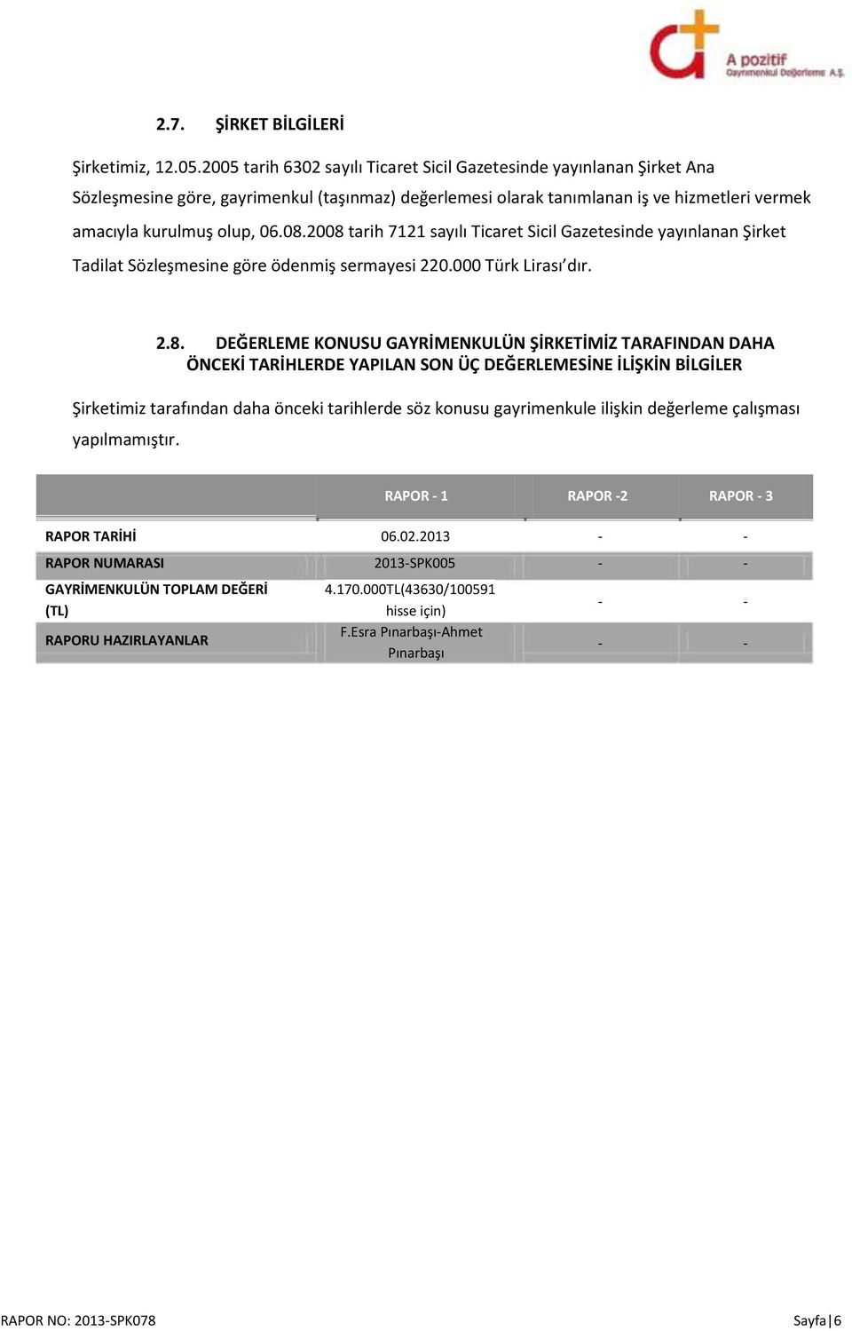 2008 tarih 7121 sayılı Ticaret Sicil Gazetesinde yayınlanan Şirket Tadilat Sözleşmesine göre ödenmiş sermayesi 220.000 Türk Lirası dır. 2.8. DEĞERLEME KONUSU GAYRİMENKULÜN ŞİRKETİMİZ TARAFINDAN DAHA