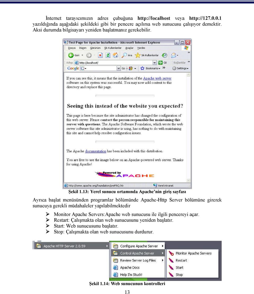 13: Yerel sunucu ortamında Apache nin giriş sayfası Ayrıca başlat menüsünden programlar bölümünde Apache-Http Server bölümüne girerek sunucuya gerekli müdahaleler