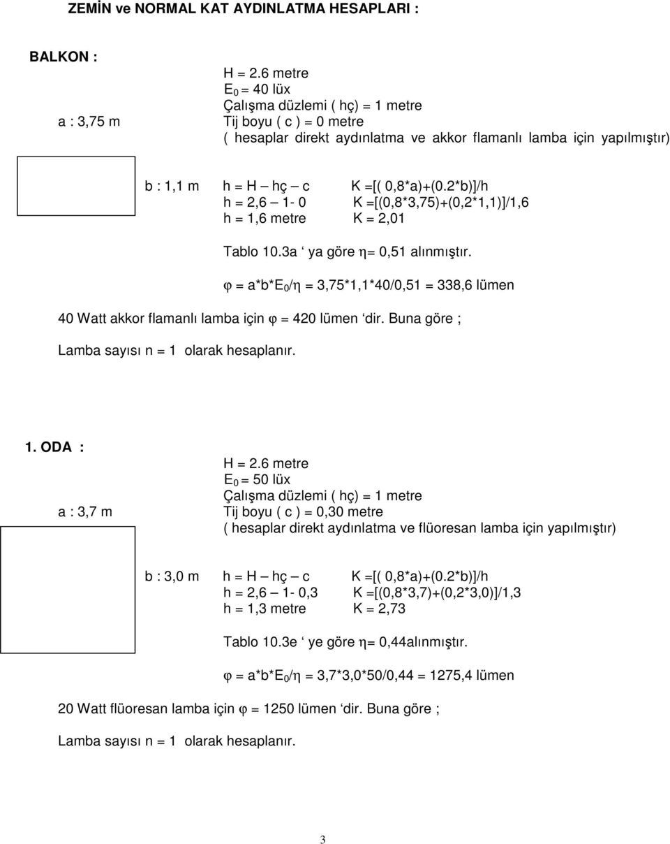 ϕ = a*b*e 0 /η = 3,75*1,1*40/0,51 = 338,6 lümen 40 Watt akkor flamanlı lamba için ϕ = 420 lümen dir. Buna göre ; 1.