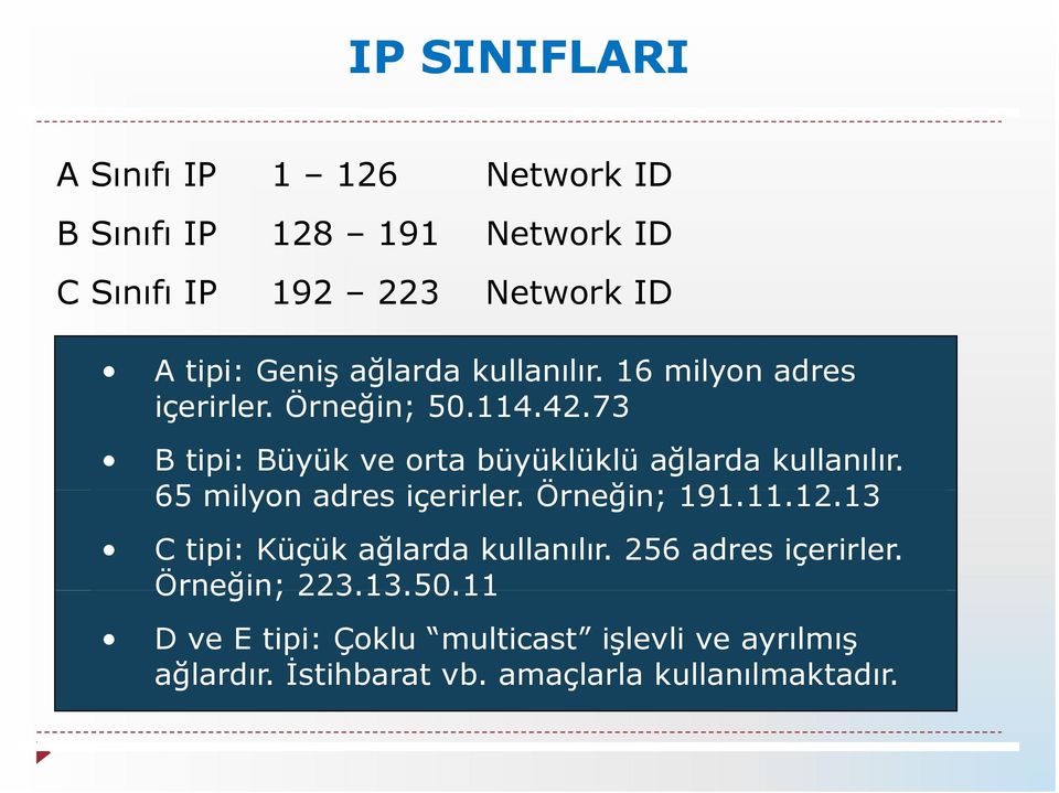 73 B tipi: Büyük ve orta büyüklüklü ağlarda kullanılır. 65 milyon adres içerirler. Örneğin; 191.11.12.