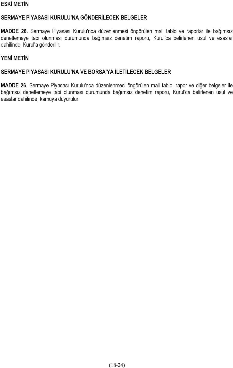 raporu, Kurul'ca belirlenen usul ve esaslar dahilinde, Kurul'a gönderilir. SERMAYE PİYASASI KURULU NA VE BORSA YA İLETİLECEK BELGELER MADDE 26.