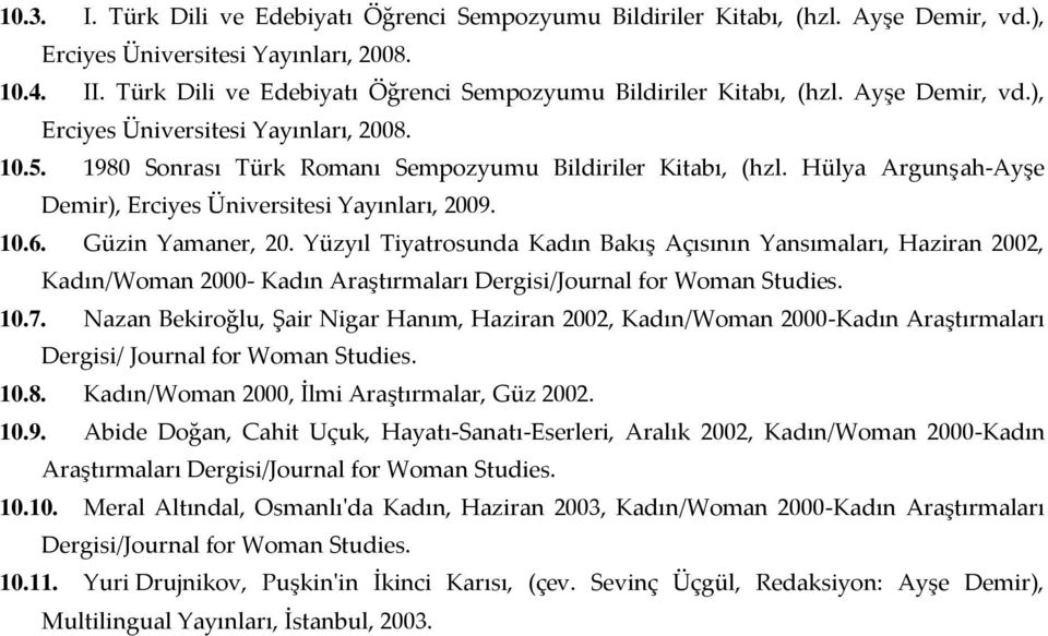 Hülya Argunşah-Ayşe Demir), Erciyes Üniversitesi Yayınları, 2009. 10.6. Güzin Yamaner, 20. Yüzyıl Tiyatrosunda Kadın Bakış Açısının Yansımaları, Haziran 2002, Kadın/Woman 2000- Kadın 10.7.