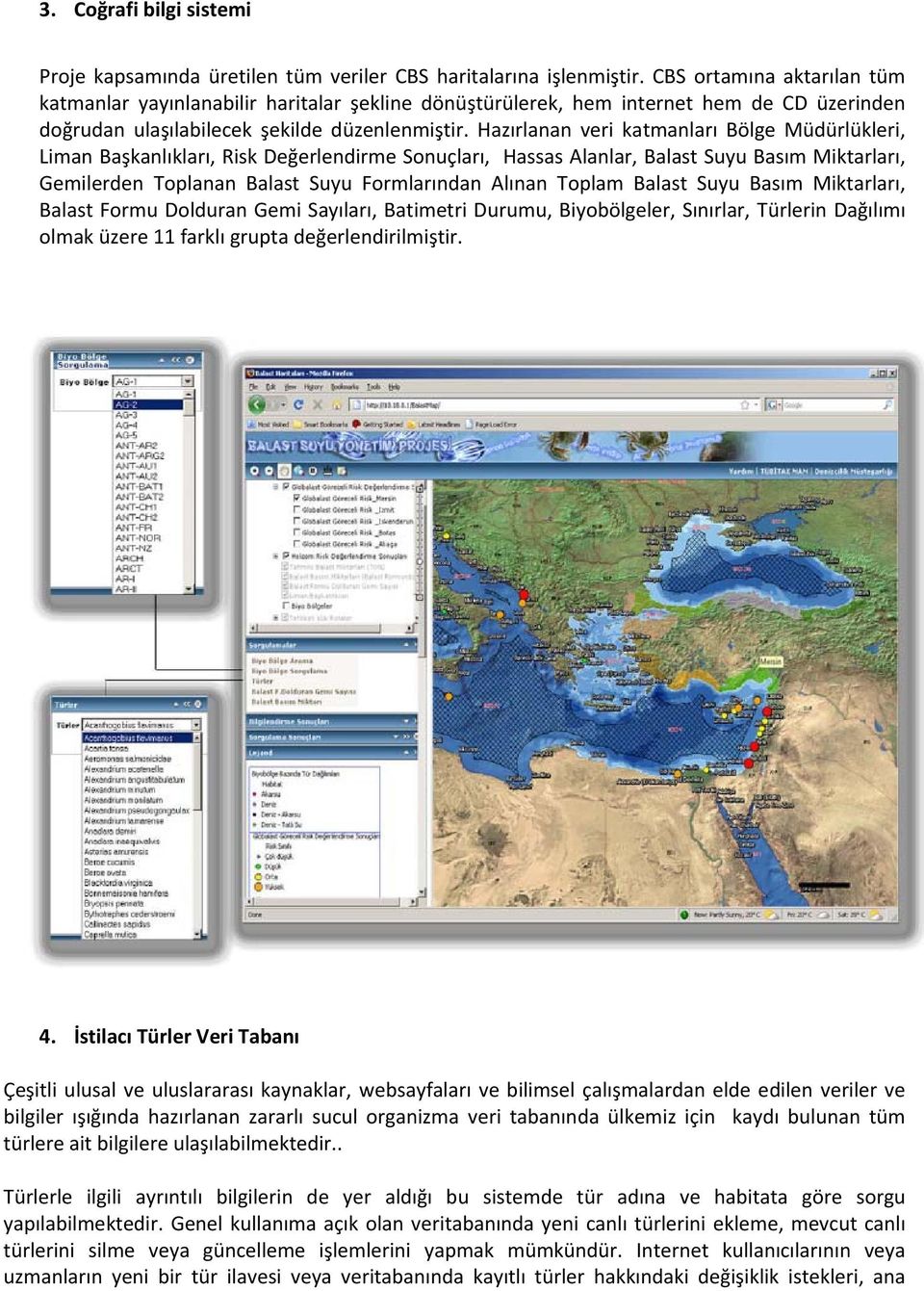 Hazırlanan veri katmanları Bölge Müdürlükleri, Liman Başkanlıkları, Risk Değerlendirme Sonuçları, Hassas Alanlar, Balast Suyu Basım Miktarları, Gemilerden Toplanan Balast Suyu Formlarından Alınan