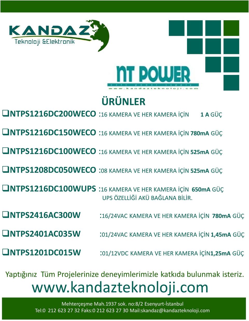 qntps2416ac300w qntps2401ac035w qntps1201dc015w :16/24VAC KAMERA VE HER KAMERA İÇİN 780mA GÜÇ :01/24VAC KAMERA VE HER KAMERA İÇİN 1,45mA GÜÇ :01/12VDC KAMERA VE HER KAMERA